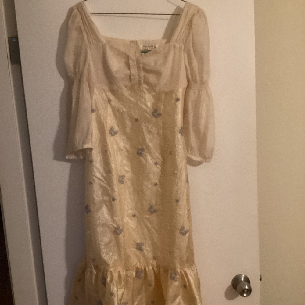 Yellow Butterfly Midi Dress Y2K Chinese Brand Shiny Small Pearls